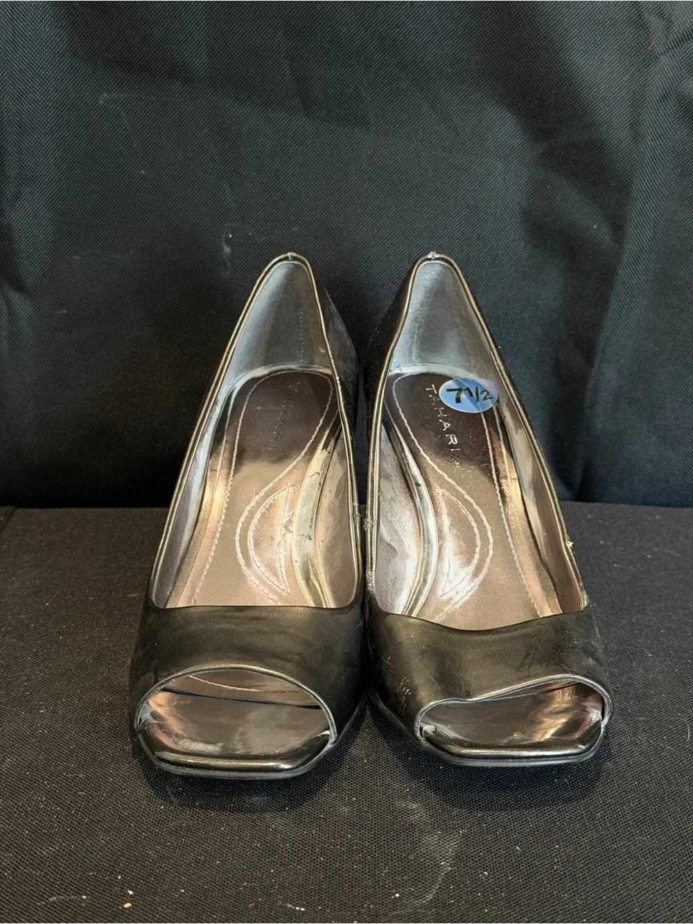 Tahari Black Leather Peep-Toe Heels